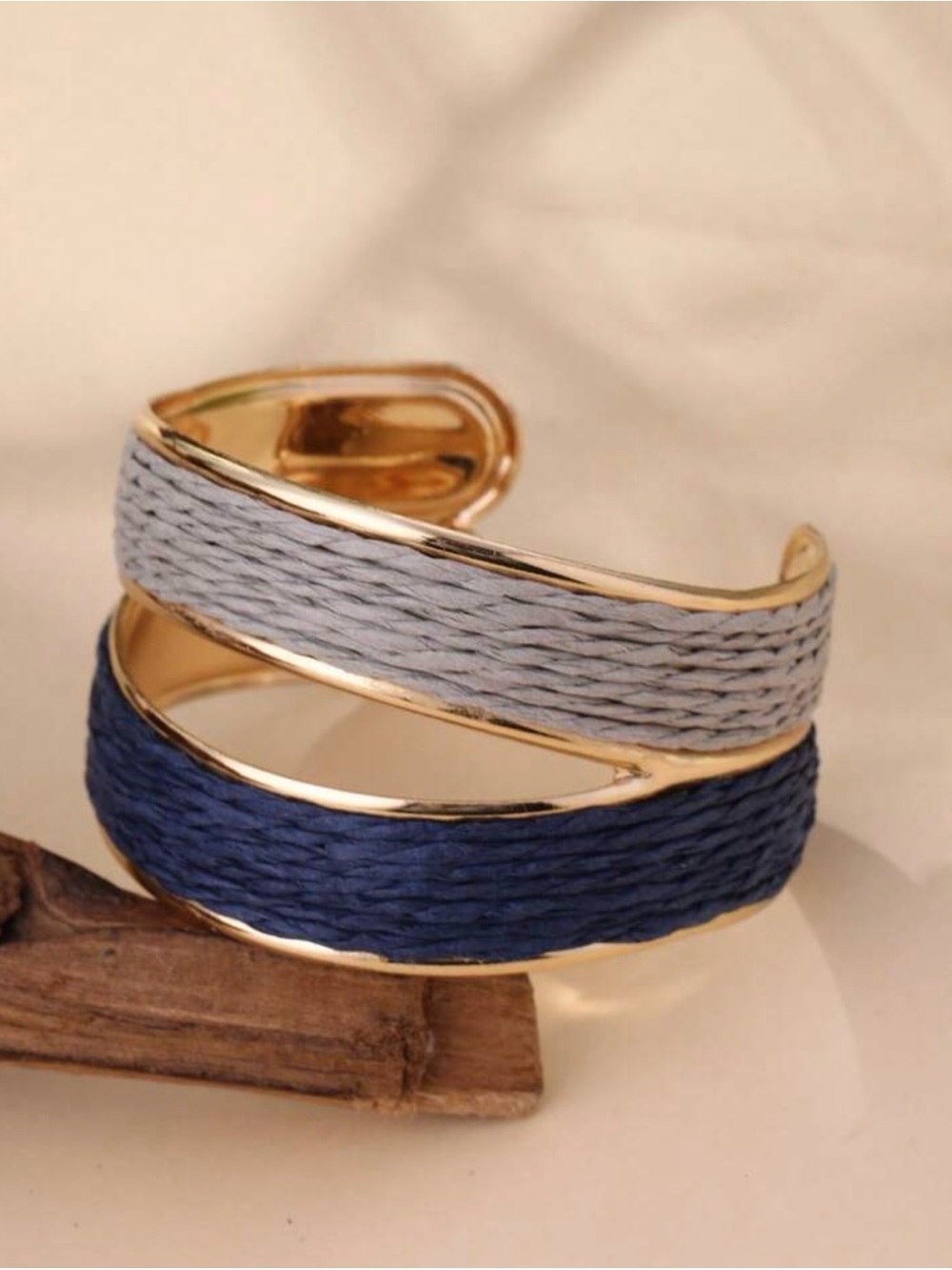 Gold-Tone Navy and Light Blue Woven Cuff Bracelet - Picture 9 of 9